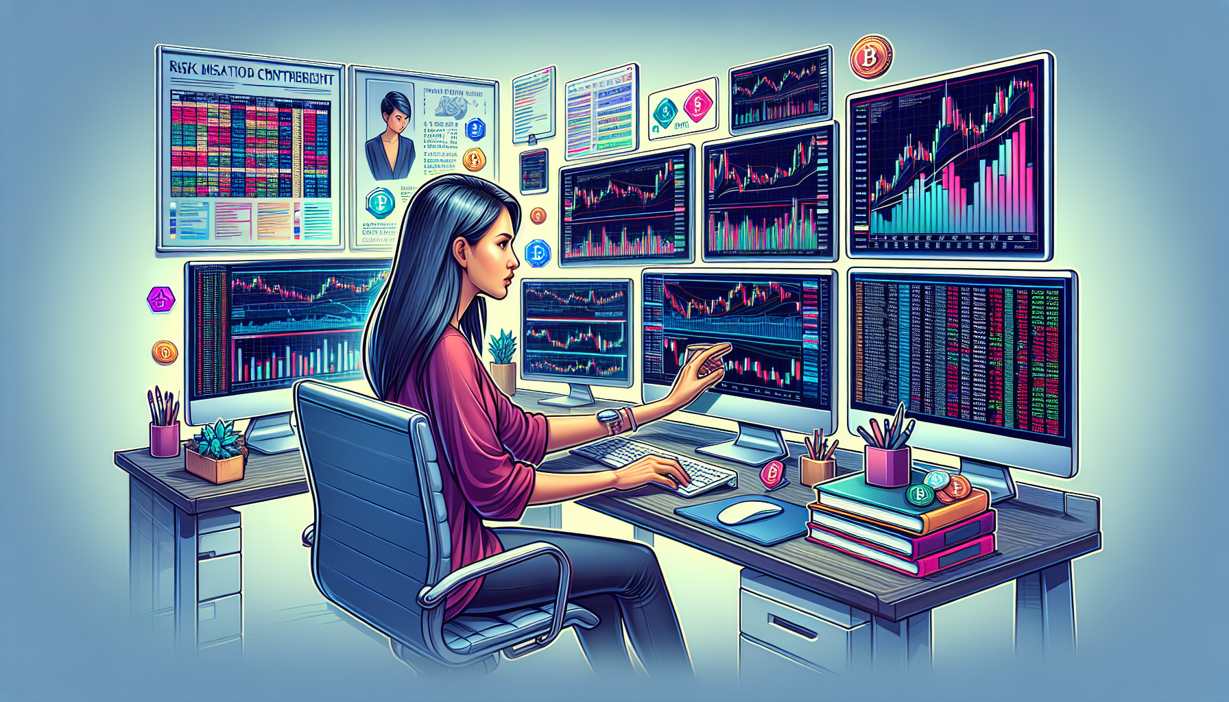 DALL-E Prompt: An illustrative image of a trader in front of multiple computer screens, each displaying cryptocurrency market charts and data. The trader is analyzing strategies with a focused expression. The background shows a sleek, modern office with elements like a whiteboard with risk management tips, books on trading, and various digital tools and resources related to cryptocurrency trading.