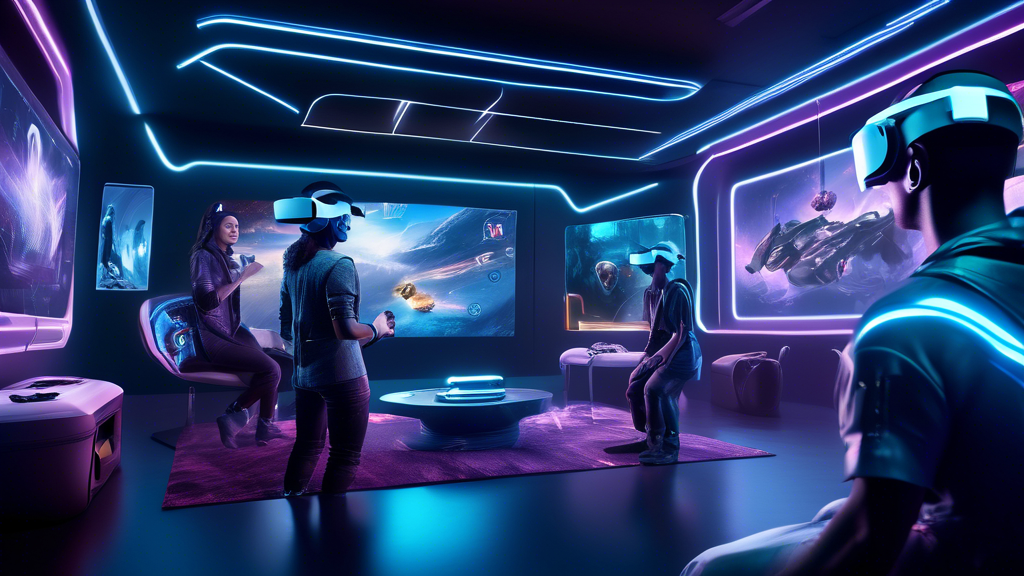 Create a DALL-E image prompt that reads: A futuristic scene depicting the future of console gaming with PS VR2. The scene features gamers using PS VR2 headsets, immersed in diverse virtual worlds. Highlight trends such as augmented reality environments, fully immersive haptic feedback suits, and advanced AI-driven gameplay. The background should showcase a sleek, modern gaming room with various consoles, game development teams at work, and screens displaying innovative game concepts. Include elements indicating how PS VR2 is influencing the broader gaming industry.