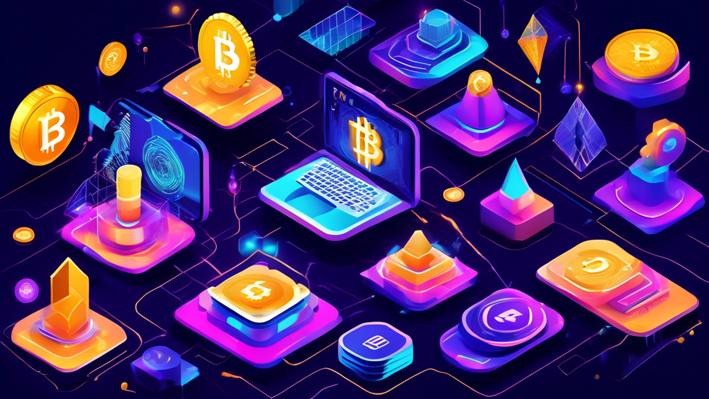 Create an image depicting the innovative mechanisms in the cryptocurrency world. Showcase vibrant, futuristic visuals of Initial Exchange Offerings (IEOs), Non-Fungible Tokens (NFTs) as unique digital art pieces, and intricate yield farming systems. Integrate elements of smart contracts and blockchain technology transforming traditional financing, surrounded by symbols of successful case studies like logos or icons of well-known crypto projects. Use a modern, high-tech cityscape as the background to enhance the forward-thinking theme.