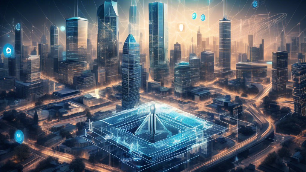 Create an image that depicts the intersection of cryptocurrency and regulatory challenges. Show a futuristic cityscape with prominent financial buildings, digital currencies and blockchain symbols integrated into the architecture. Include visual elements representing government and regulatory authorities, such as scales of justice and legal documents, interwoven with digital and traditional financial themes. The scene should feel dynamic and forward-looking, symbolizing the ongoing evolution and future prospects of cryptocurrency financing within a regulated environment.