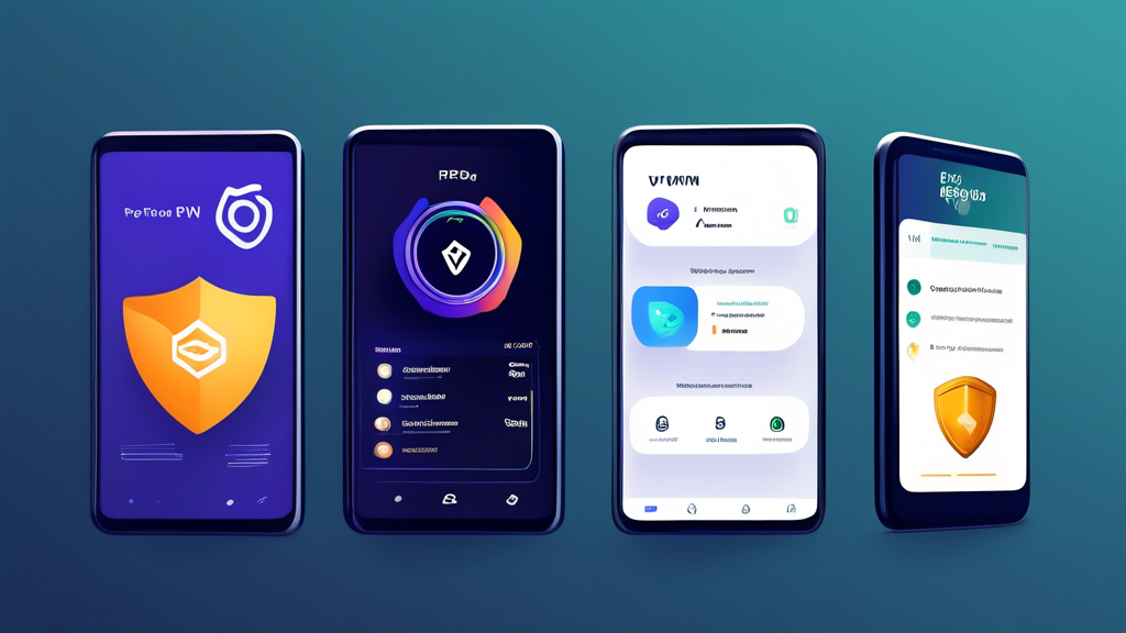 Create an image that depicts three top-rated free VPN apps for Android devices in 2023. Showcase their logos and a comparison chart listing their key features, such as speed, security protocols, user interface, and data limits. Include an Android phone displaying the VPN apps, with a user-friendly interface visible on the screen. Add a background of a secure, futuristic digital network to emphasize privacy and protection.