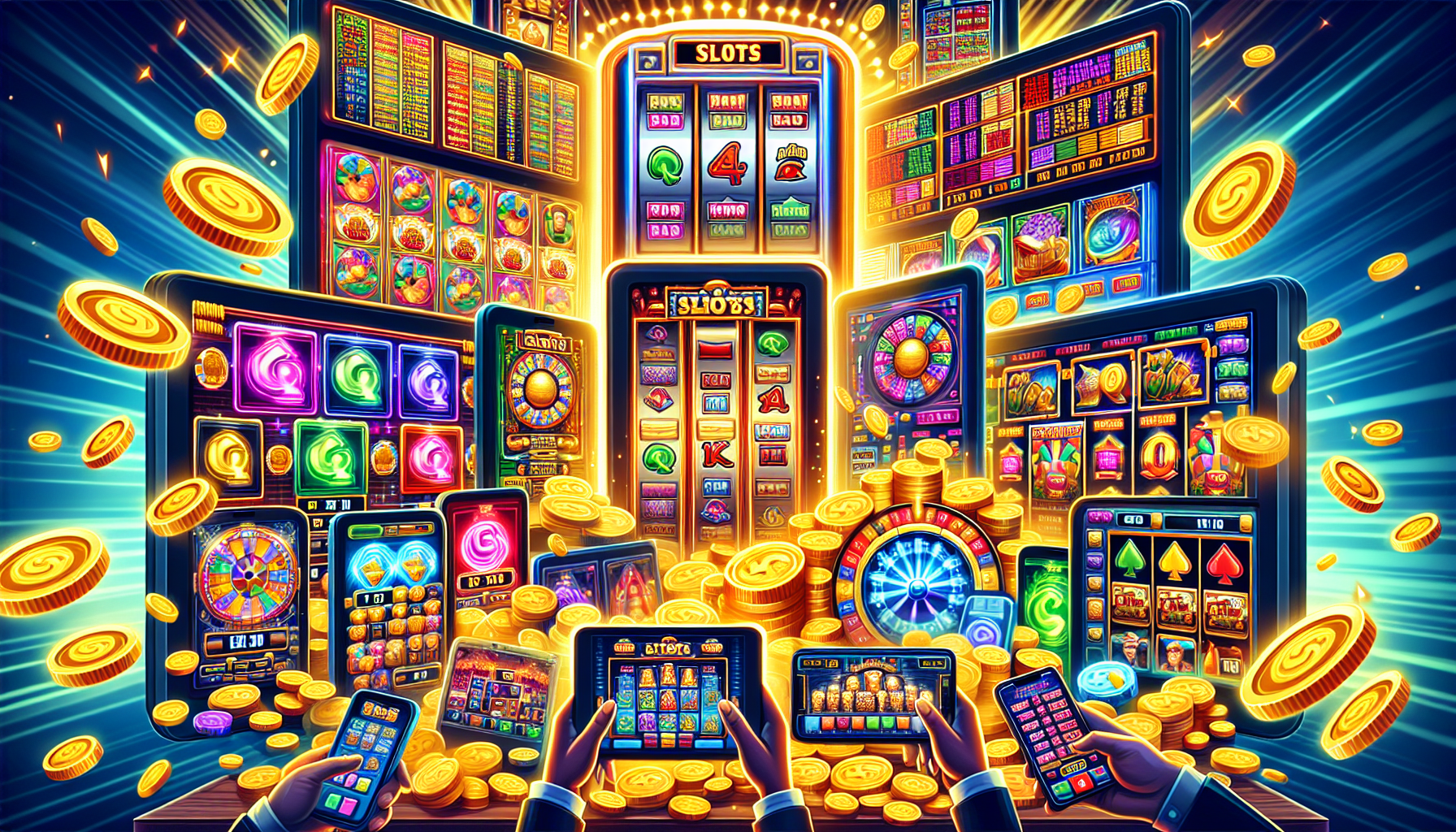 A vibrant and dynamic scene showcasing a variety of LuckyLand Slots games being played on a multitude of devices, such as smartphones, tablets, and laptops. The display includes diverse slot themes, eye-catching bonus rounds, and a celebratory atmosphere indicating big wins. The background should emphasize the excitement and energy with bright, enticing colors, and symbols like spinning reels, gold coins, and jackpot banners. The overall image should reflect the captivating and engaging experience of exploring the game mechanics and special features of LuckyLand Slots.