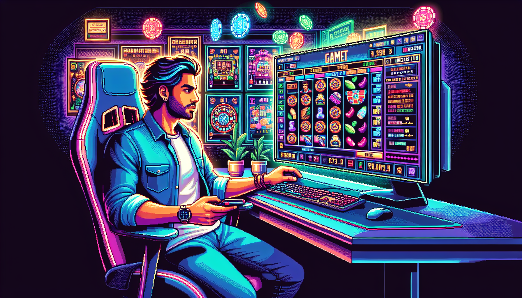 Create an image of a casual but determined online gamer sitting at a sleek computer desk, engrossed in a vibrant screen displaying LuckyLand Slots. The screen showcases various slot games with colorful graphics, while side panels pop up with beginner tips and advanced strategies. The atmosphere reflects excitement and focus, with subtle hints of winning icons and rewards in the background to emphasize the goal of maximizing the experience.