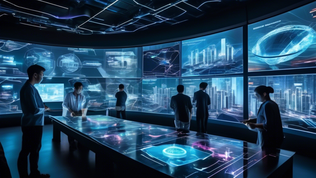 Create an image of a futuristic setting where people are using advanced technology to analyze data on large holographic screens. The screens display complex data and charts related to Togel Singapore 2024, with people deep in concentration as they strategize and optimize their chances. The atmosphere shows a blend of modern Singaporean architecture and high-tech elements, emphasizing a sense of focus and precision.