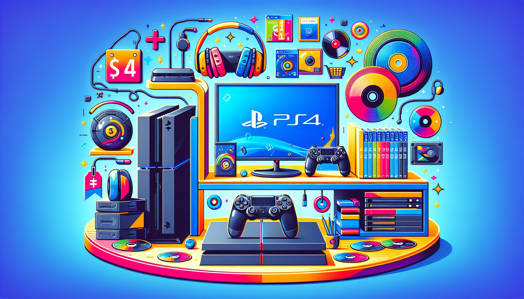 Create an image showcasing a PlayStation 4 gaming setup with essential accessories. Include the PS4 console alongside a DualShock controller, gaming headset, and a few game discs. Incorporate elements like a neat gaming station with a monitor, and a vibrant atmosphere that highlights the importance of a complete and enhanced gaming experience. Add a subtle emphasis on bundled deals by placing a price tag or offer badge in one corner. Make sure the overall scene looks inviting and caters to gaming enthusiasts. 

Keywords: buy PS4, gaming accessories, gaming setup, bundled deals.