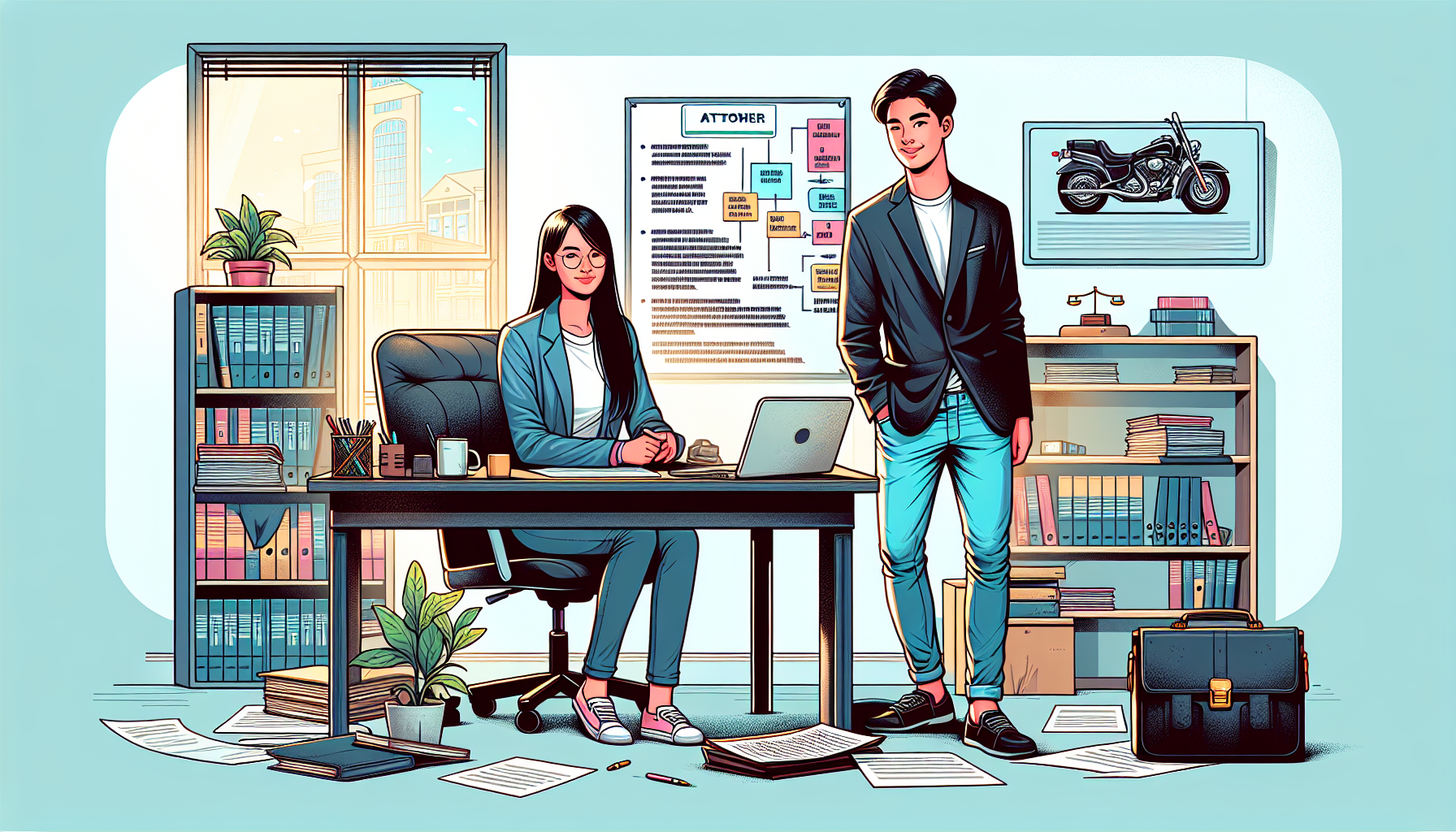 Detailed illustration of a client and a motorcycle attorney sitting at a cluttered desk in a well-lit office, surrounded by legal documents, a laptop open with notes on motorcycle laws, and a visible whiteboard with a timeline of the legal process.