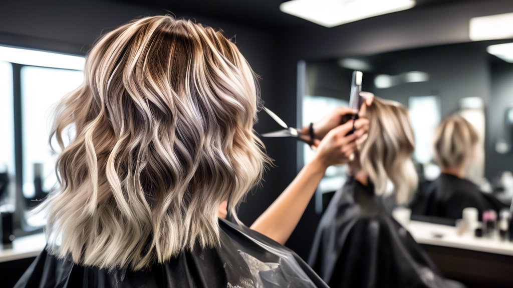 Create an image of a professional hairstylist working in a modern salon, skillfully applying hair coloring foils to a client