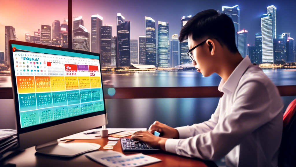 A comprehensive guide on using 2024 Singapore Togel data: A detailed image showing data charts, lottery tickets, and a calendar. In the background, a professional setting with a person analyzing data on a computer screen, with the Singapore skyline visible through the window.