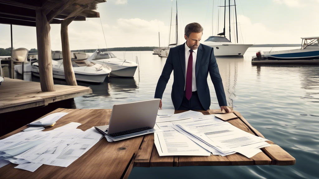 /Imagine Prompt: An experienced watercraft accident lawyer confidently standing beside a boat dock, with various legal documents and a laptop on a nearby table. The lawyer is engaging with a distressed client, guiding them through legal forms. In the background, there are visuals of a recent boating accident scene with a partially submerged boat, as well as icons representing legal requirements, insurance documents, and compensation charts. The overall image should convey reassurance, expertise, and advocacy.
