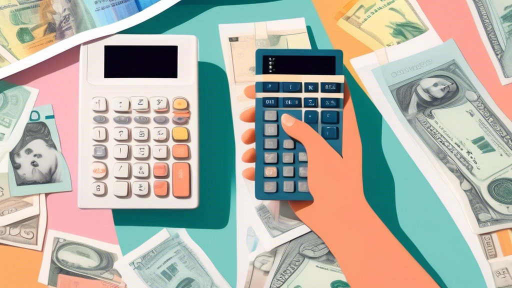A hand holding a calculator with California Closets on the display, surrounded by images of closet designs, material swatches, and dollar bills.