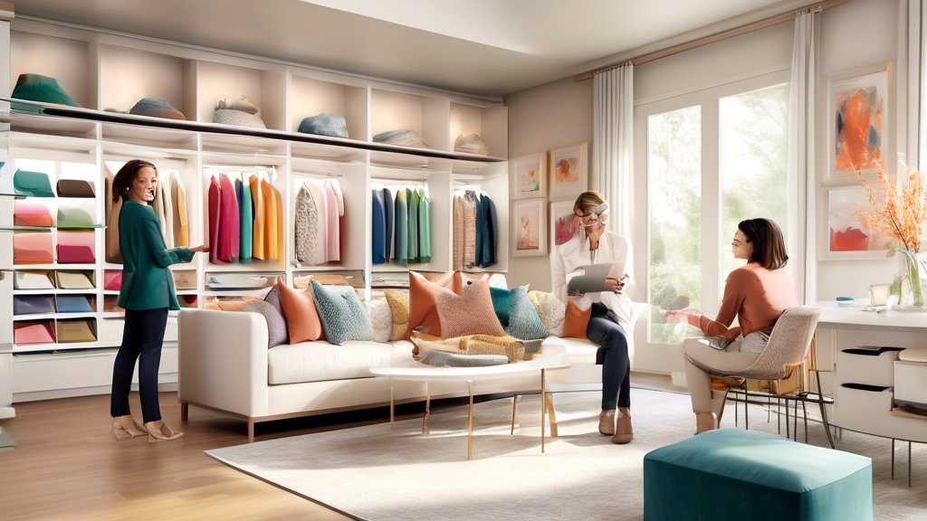A friendly California Closets design consultant engaged in a lively consultation with happy homeowners in their living room, showcasing fabric samples and a 3D rendering of a beautiful new closet system on a digital tablet.  The room is bright and filled with natural light.