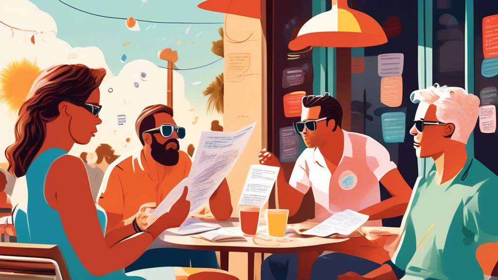 An illustrated depiction of various people reading and discussing their experiences with hangover patches, with thought bubbles showing contrasting reviews, mixed with scientific symbols and graphs analyzing the effectiveness of the patches, set in a sunny outdoor café scene emphasizing health and wellness.