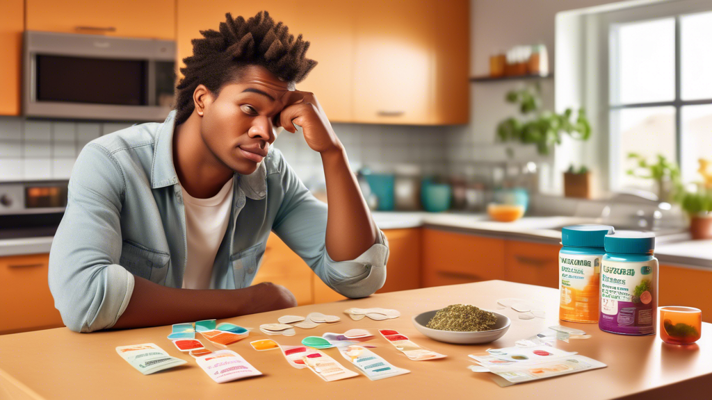 Detailed illustration of a young adult comparing hangover patches with natural remedies like water, healthy meals, and herbal supplements on a kitchen table, detailing the pros and cons of each with visible labels and thoughtful expressions, in a bright, modern kitchen setting.