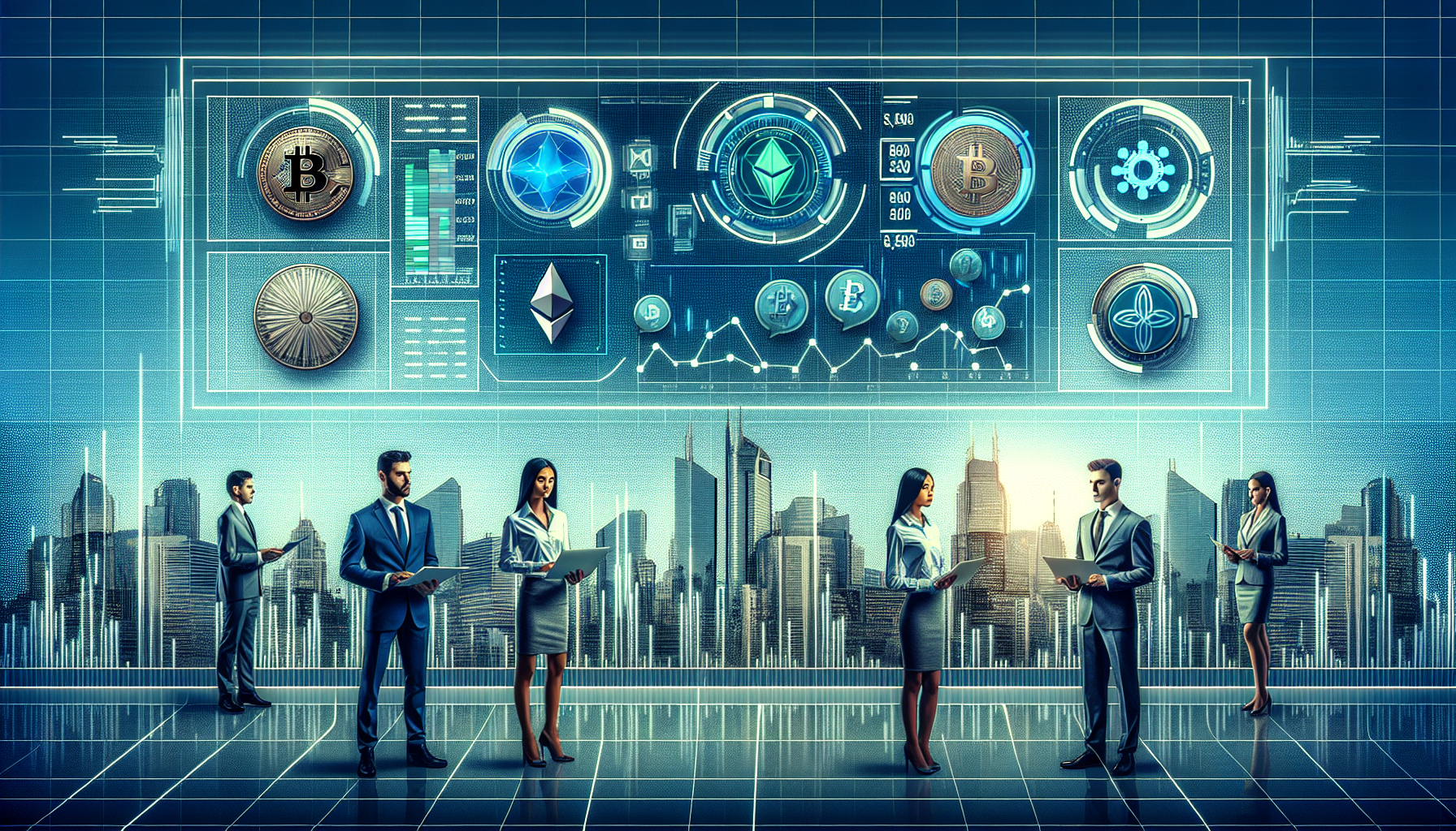 Create an image that includes:
- A sleek, modern digital interface displaying several top cryptocurrencies like Bitcoin, Ethereum, and Cardano.
- Detailed performance charts and graphs for each coin.
- Expert analysts or financial experts providing insights, possibly shown with speech bubbles or infographics.
- A futuristic cityscape in the background, emphasizing technological advancement.
- The overall color scheme should be vibrant with shades of blue and green to signify growth and profitability.

Text overlay: Top Coins to Invest in 2022: Detailed Analysis and Insights

This visual should convey a sense of expert analysis and financial opportunity in the world of cryptocurrencies.