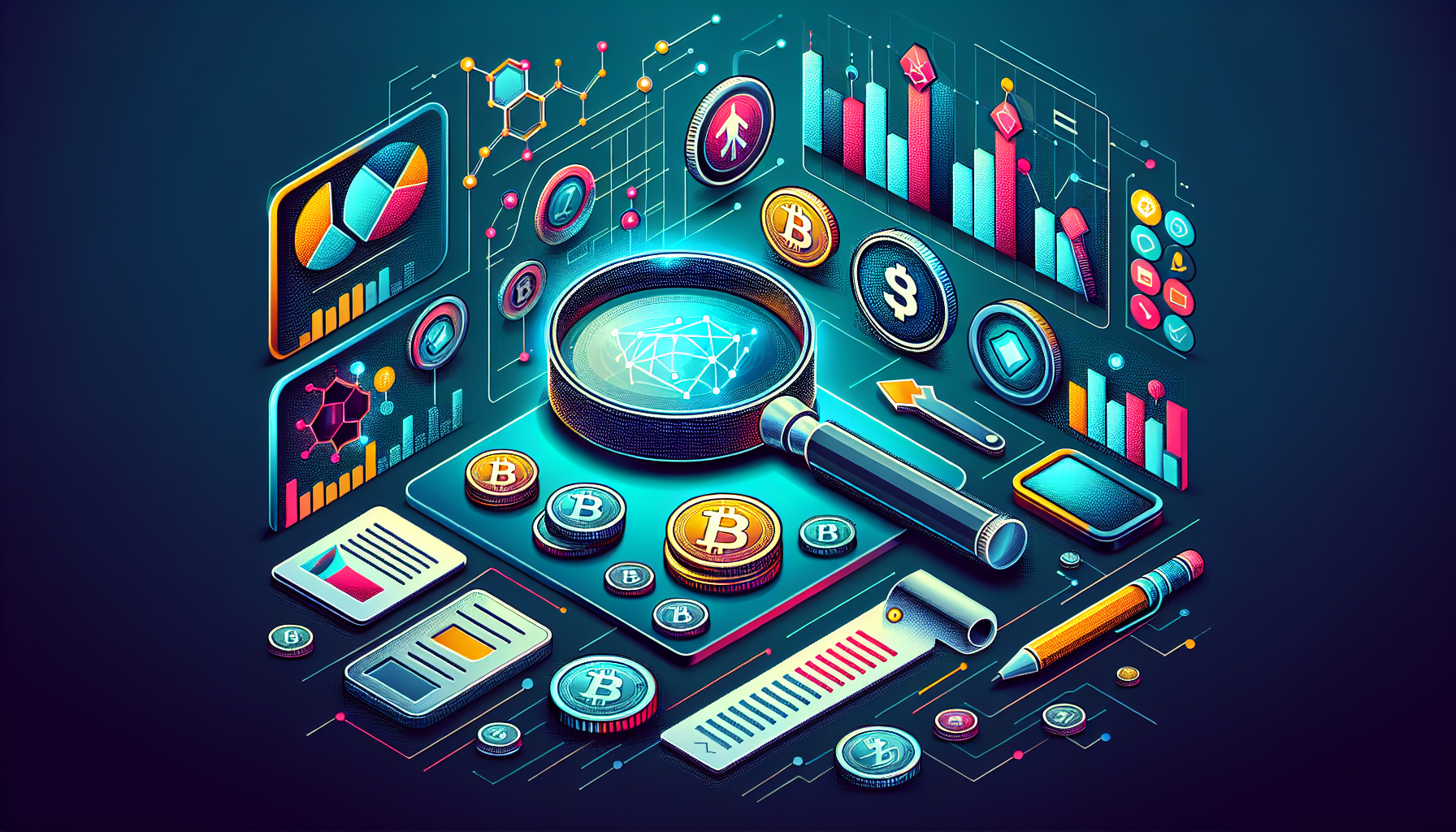 Create a DALL-E prompt for an image that relates to the third point of the outline (How to Choose the Best Coin to Invest in 2022: Practical Tips and Strategies):

*Show a visually appealing and modern infographic with elements such as a magnifying glass hovering over various digital coins, graphs showing risk and performance metrics, and icons representing tools and resources for investment strategies. There should be a sleek, technology-themed background to highlight the futuristic aspect of cryptocurrency investments. Include subtle references to risk management and informed decision-making, such as scales balancing risk and reward, and checklists.*