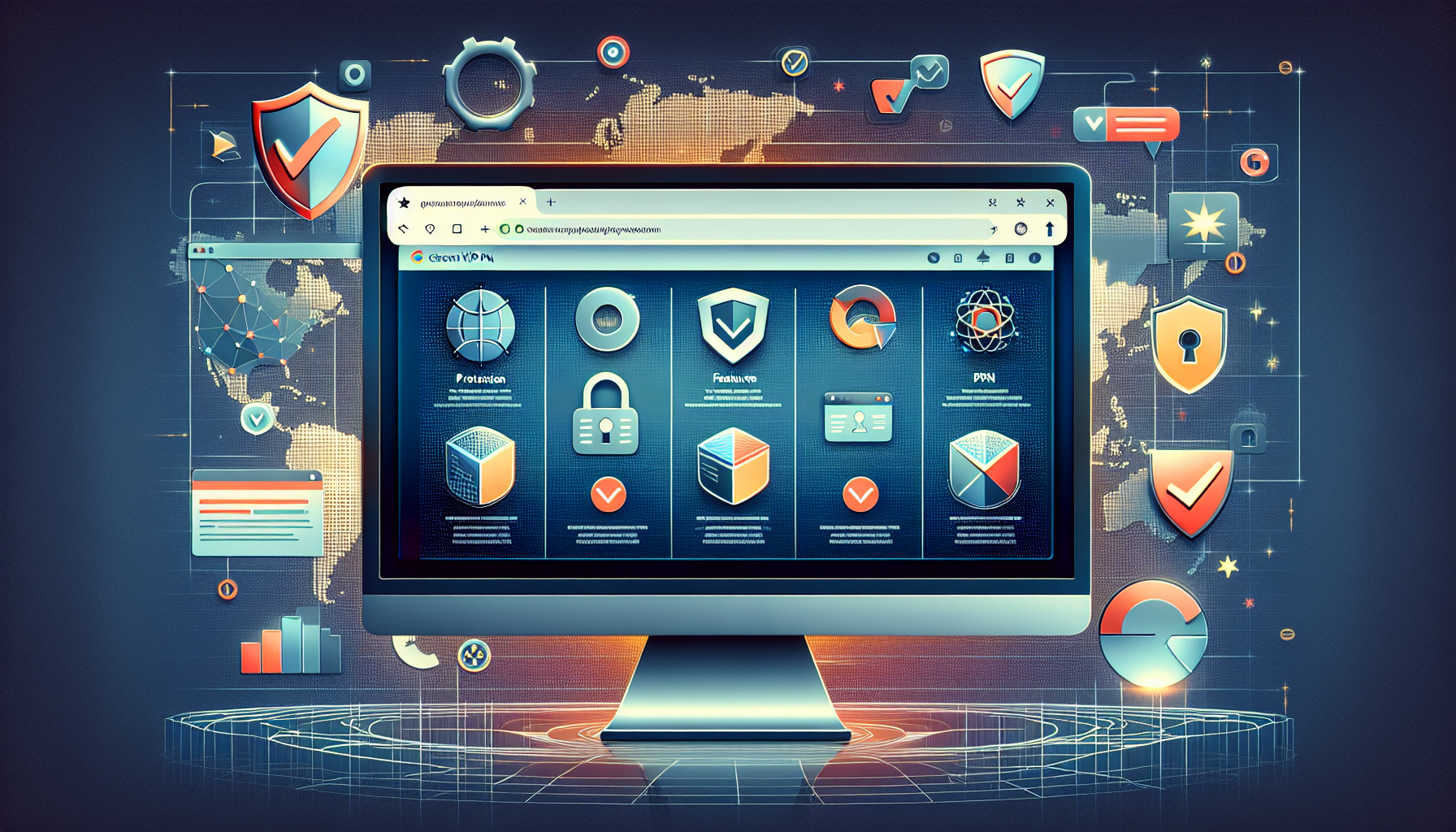 Create an image that depicts the Top 5 Free VPNs for Chrome in 2023 with a sleek, modern interface on a computer screen. Display a Chrome browser open with a tab showcasing a comparison chart of the top 5 free VPNs for Chrome, each VPN represented by a distinct icon or logo. Include checkmarks and stars to indicate features and ratings. Surround the screen with subtle cybersecurity elements like shields, locks, and a world map showcasing global connections to emphasize protection and accessibility.