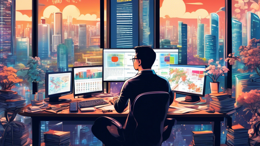 Create a detailed illustration of a person analyzing complex data charts and graphs related to Singapore Togel 2024 on multiple computer screens, with the backdrop of the Singapore skyline visible through a window. The person is surrounded by stacks of strategy books and lucky charms, exuding focus and determination, symbolizing the quest to find the best winning strategy for daily success.