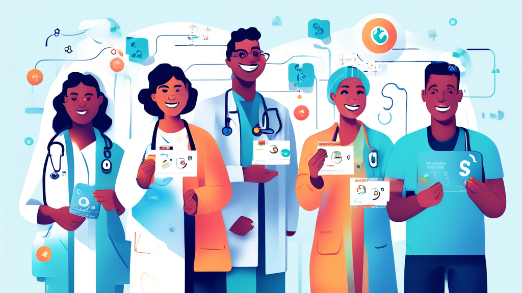 Create a DALL-E prompt for an image that relates to outline point #2:An illustration showing the top benefits of owning a Dot Health Card for medical needs. The image features a diverse group of happy patients holding their Dot Health Cards, with icons representing streamlined healthcare access, improved medical records, and enhanced privacy and security floating around them. The background includes a futuristic medical facility with digital interfaces symbolizing modern healthcare technology.