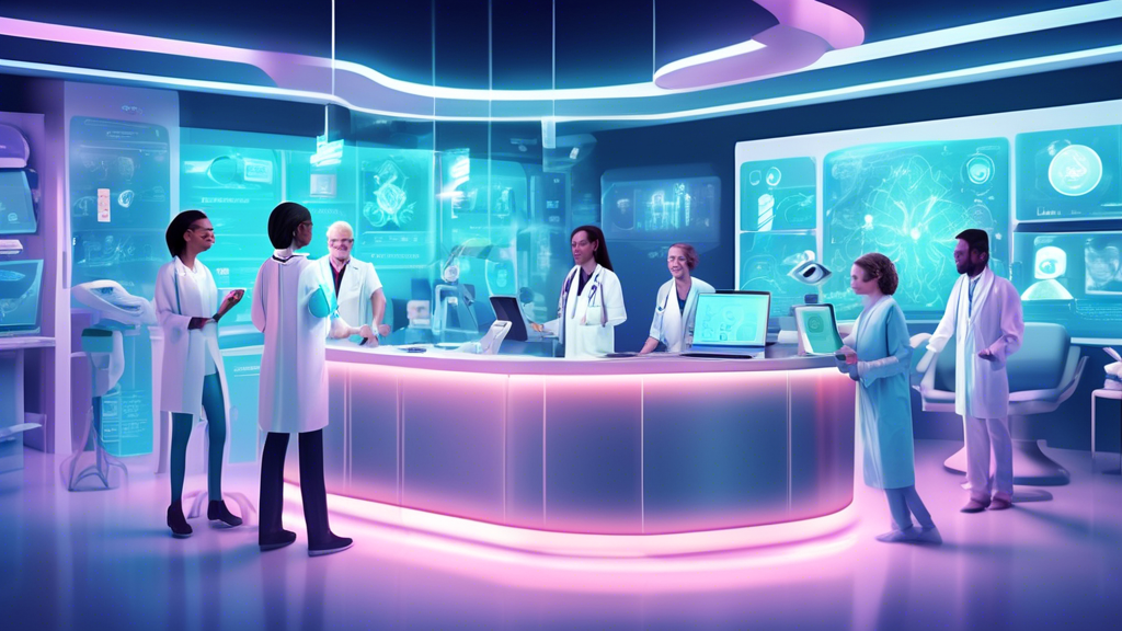 Create a detailed digital illustration of a futuristic healthcare clinic where doctors and patients are using Dot Health Cards. Include scenes of innovative medical technologies and interactions, highlighting benefits like streamlined services, advanced patient care, and efficient record-keeping. Also, depict futuristic elements such as holographic medical displays and robots assisting the staff, emphasizing the transformation brought by Dot Health Cards in the healthcare industry.