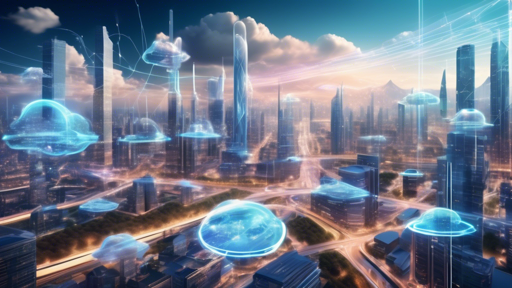 A futuristic landscape illustrating the role of cloud computing in the next decade, with advanced AI and machine learning technologies seamlessly integrated. Depict a bustling global digital transformation scene, featuring interconnected smart cities, automated industries, and individuals using holographic interfaces, all powered by the cloud. Emphasize innovation, connectivity, and a bright, forward-looking atmosphere.