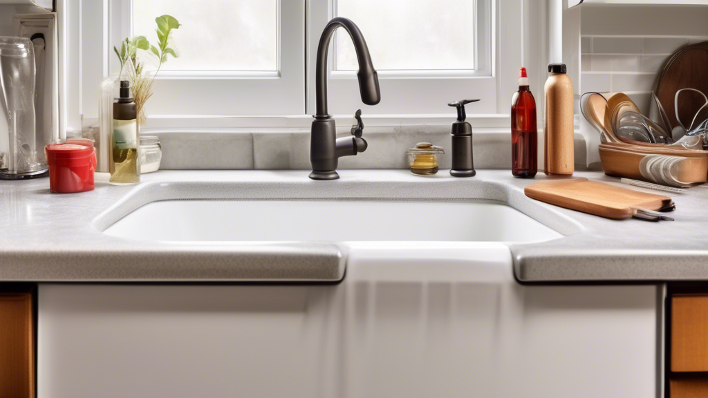 Create an image of a kitchen countertop with an open sink and a few common household items arranged around it, such as baking soda, a bottle of vinegar, a kettle of boiling water, a plunger, and a plumber