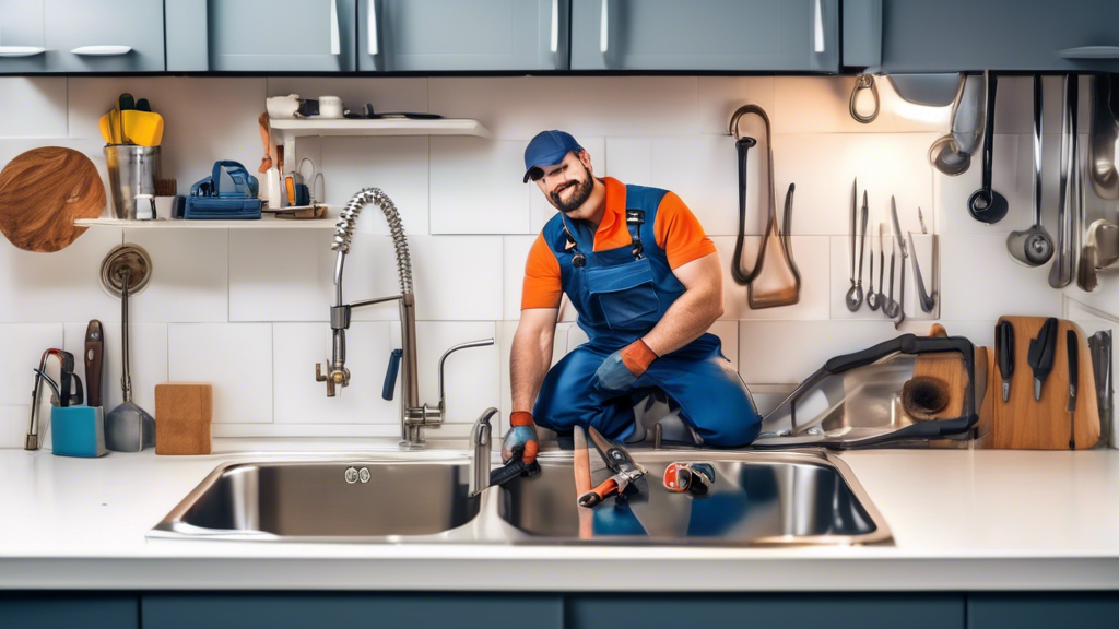 Create an image that shows a calm and tidy kitchen with a professional plumber examining the kitchen sink. The plumber is holding a pipe wrench and has a professional toolkit by his side. The scene should convey expertise and assurance, suggesting that the plumber is here to solve a severe clog issue that DIY methods couldn
