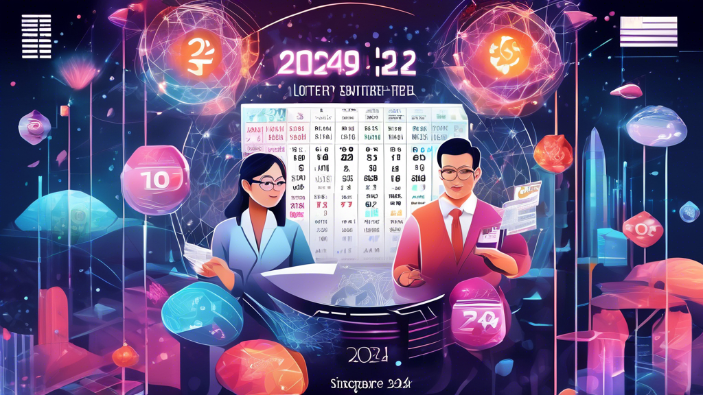 Create an image that represents the concept of unveiling secrets and analyzing data in relation to Singapore Togel 2024. The image should feature a researcher or analyst in a modern, high-tech setting, surrounded by holographic charts and graphs displaying lottery data. Include elements like a calendar showing the year 2024, digital codes, and symbols related to lottery. Use vibrant and futuristic colors to emphasize the cutting-edge nature of the analysis.