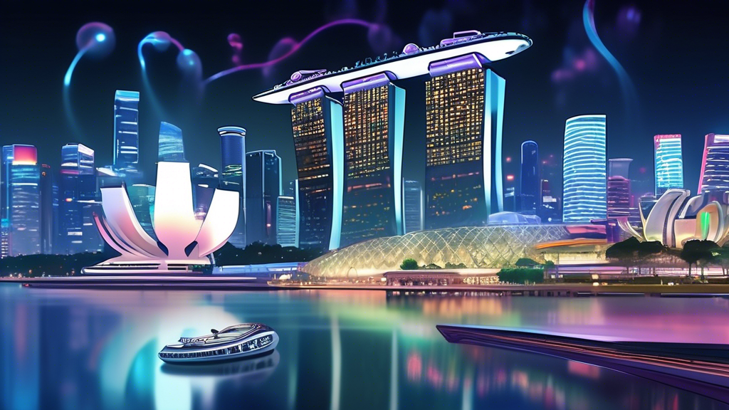 Create an illustration of a futuristic scene set in Singapore in 2024, featuring data analysts using advanced AI tools and holographic displays to predict and analyze lottery (togel) numbers. The setting should blend high-tech elements with iconic Singapore landmarks like Marina Bay Sands and the Merlion statue. The atmosphere should convey a sense of cutting-edge technology and hope for winning big.