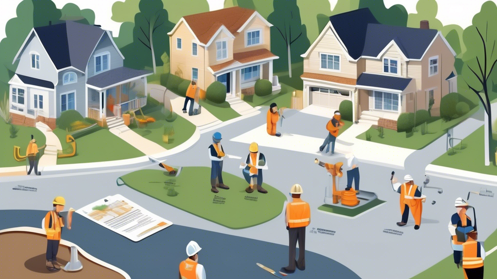 Create an image of a neighborhood setting with homeowners talking to different contractors about pipe relining services. The scene should include contractors showing quotes, discussing work details, and homeowners comparing the information on clipboards. The background should feature residential houses with visible pipes leading to the main sewer system. Include elements like construction tools, section diagrams of pipes, and people engaging in discussions with friendly expressions to represent quality and affordability. Keyword: pipe relining near me.