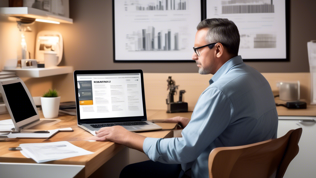 A diligent homeowner evaluating various pipe relining companies in their local area. The scene includes a laptop open to customer reviews and credentials on the screen, brochures from different companies, and a checklist highlighting key qualities like credentials, customer reviews, warranties, and after-service support. The atmosphere should be focused and organized, emphasizing research and decision-making.