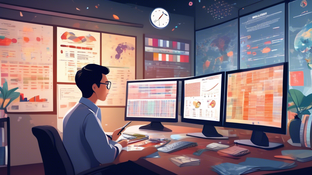 Create an image depicting a person analyzing and interpreting Singapore Togel data for the year 2024 to maximize their advantage. The scene should include a modern workspace with multiple computer screens displaying charts, graphs, and statistical data. The individual should be surrounded by reference books on probability and statistics, and there should be a confident and focused expression on their face. The background should subtly reflect a vibrant and dynamic Singapore skyline.