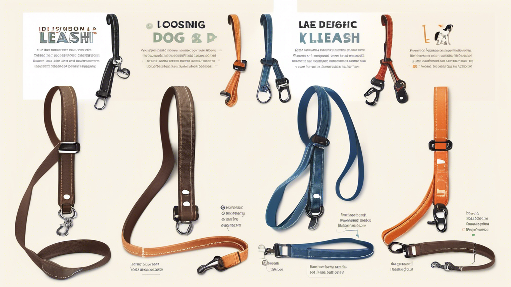 Create a detailed illustration showcasing various key features to consider when selecting a dog leash. The image should compare different materials such as nylon and leather, and highlight their durability and comfort. Display various leash lengths, from short to long, and their impact on control and freedom. Include additional features like ergonomic handles, reflective strips, and other add-ons that enhance safety and convenience. The setting can be a brightly lit pet store with all these options visually represented and a happy dog owner evaluating the choices.