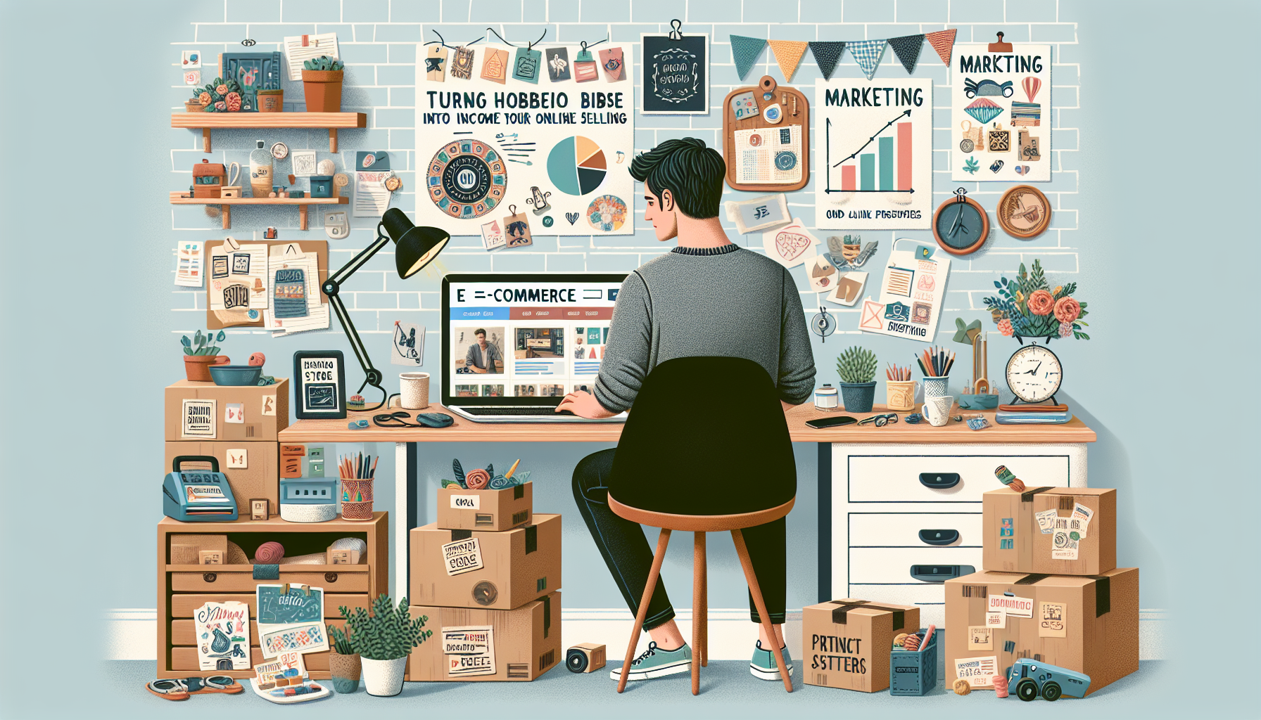 Create an image illustrating a cozy home office environment where a person is running their e-commerce business. The scene includes a well-organized desk with a laptop displaying an online store dashboard, and shelves adorned with handcrafted items, vintage finds, and print-on-demand products. The background shows packaging materials and stacks of decorated boxes ready for shipping. There should be a feel of creativity and productivity, with elements of marketing strategies such as social media charts and product photography tips pinned on a bulletin board. Aim for a warm, inviting atmosphere to emphasize turning hobbies into income through online selling.

Prompt for DALL-E: A cozy home office setup with a person working on their e-commerce business. The desk has a laptop showing an online store dashboard, and shelves with handcrafted items, vintage finds, and print-on-demand products. The background includes packaging materials and decorated boxes ready to be shipped. Marketing charts and product photography tips are pinned on a bulletin board, creating a creative and productive atmosphere. The scene emphasizes turning hobbies into income through online selling.