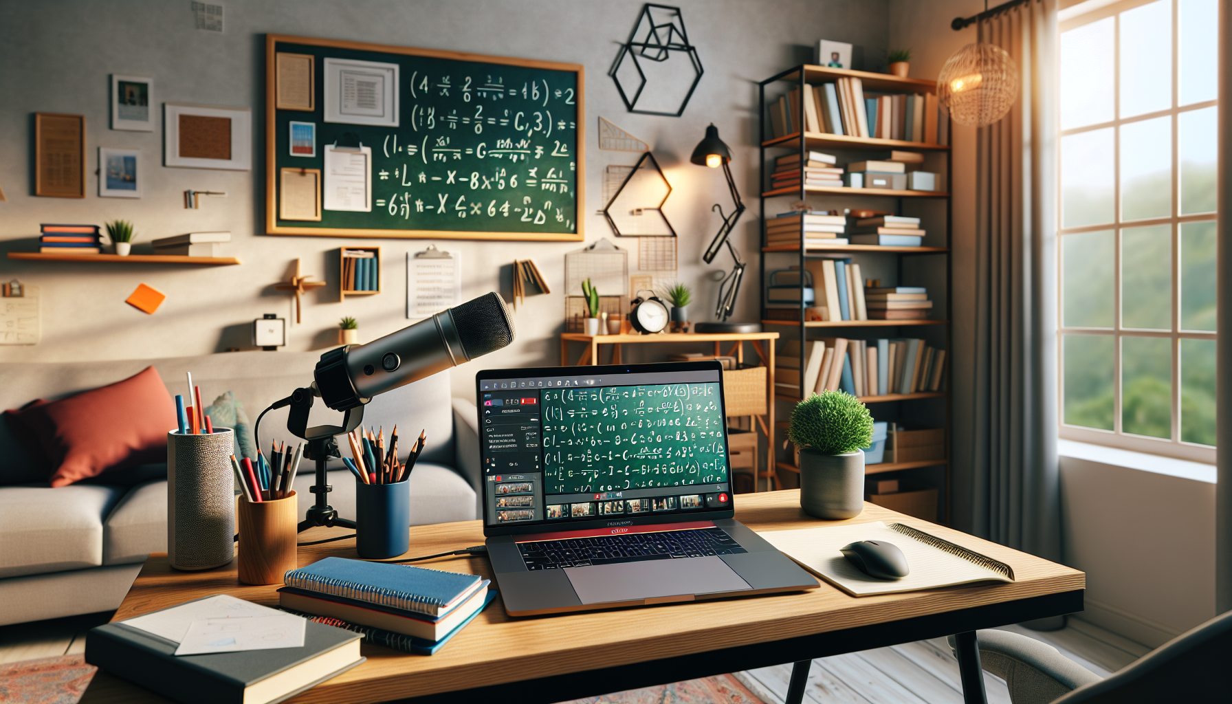 A cozy home office setting with a laptop on a desk displaying an online tutoring session in progress. The room is filled with educational materials like books, notebooks, and a whiteboard with math equations. In the background, a digital course creation setup with a microphone, camera, and video editing software on another screen indicates the instructor is also working on an online course. Soft lighting and a plant by the window add a homey atmosphere. Keywords: side hustle jobs from home, remote tutoring, online courses.