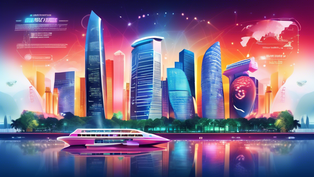 Create an image that showcases the advantages of using Singapore Togel data in 2024. The image should feature a confident expert analyzing charts and data on a futuristic digital interface with Singapore landmarks in the background. The setting should be modern with a high-tech office atmosphere, representing advanced technology and data analytics.