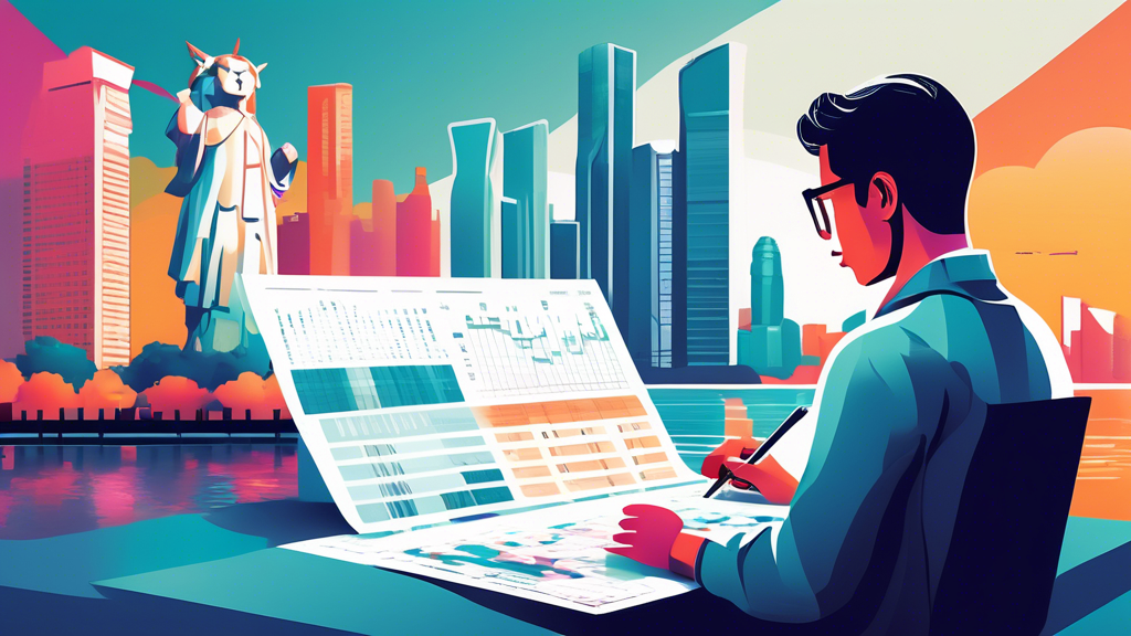 Create an image featuring a close-up of a person analyzing a detailed spreadsheet filled with numbers and statistical charts. In the background, there should be subtle Singaporean landmarks like the Marina Bay Sands and the Merlion, giving a hint of the location. The overall mood should convey a sense of focus and strategizing.