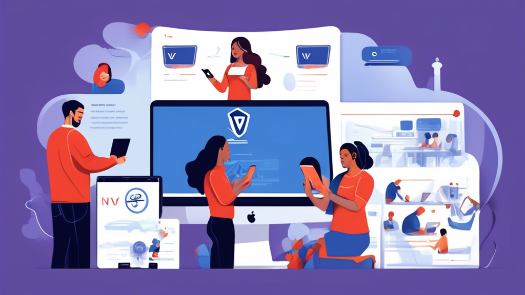 Create an illustration showcasing a diverse group of people setting up Express VPN on various devices such as a Windows PC, Mac, iOS, and Android device. The scene should include step-by-step visual guides displayed on each device