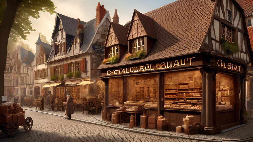 An artistic rendering of the bustling early 20th century village of Wieze, Belgium, with an elegant chocolate shop displaying the name 