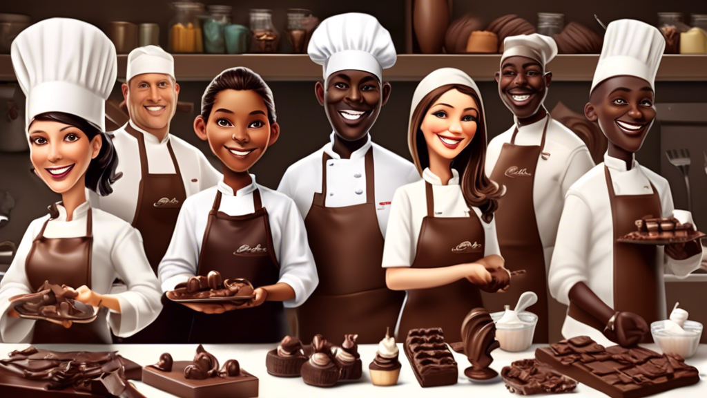 DALL-E: Create an image depicting a diverse group of professional chefs and chocolatiers in a luxurious, well-equipped kitchen, each working meticulously with various types of Callebaut chocolate—dark, milk, and white. Include scenes of them crafting intricate desserts, with close-up shots of their hands as they temper chocolate and artistically decorate their creations. The kitchen should have elements indicating sustainability, such as posters or logos pertaining to the Cocoa Horizons project, signifying Callebaut