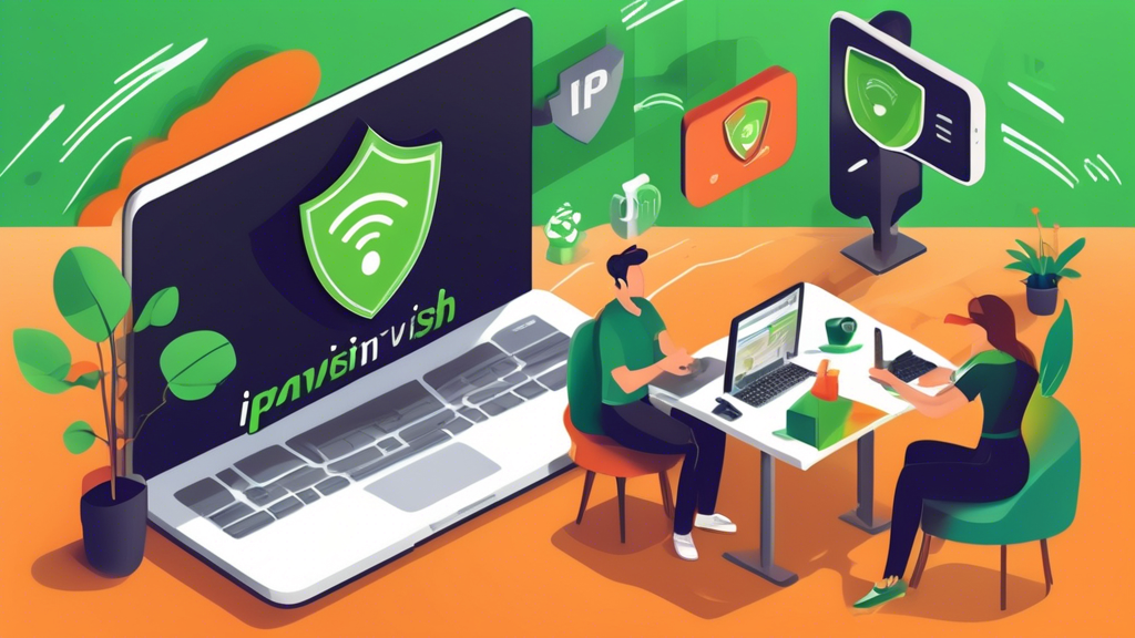 Create an image illustrating various applications of IPVanish VPN for safe browsing and more. Show a person securely using public Wi-Fi at a café with IPVanish activated on their laptop and smartphone. Highlight additional features like bypassing geo-restrictions by displaying content from various countries on screens. Include icons for enhanced privacy, no-logging policy, and high-speed streaming to emphasize the key benefits of IPVanish.