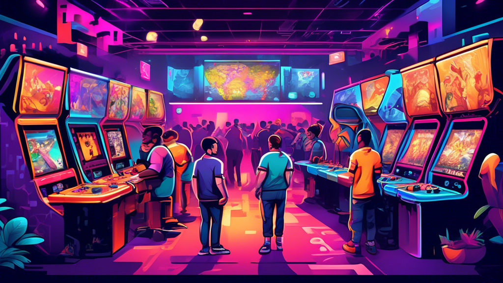 Create an image depicting the diverse range of gaming tournaments, featuring local community gamers playing in a cozy arcade setting, regional competitors showcasing their skills in a larger venue with cheering crowds, and an international gaming event with a massive stage, vibrant lighting, and top-tier players from around the world battling it out on big screens.