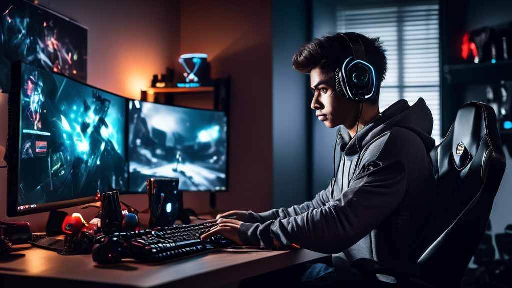 Create an image that showcases a determined gamer in their setup, intensively practicing for an upcoming gaming tournament. The scene should include high-end gaming gear such as a mechanical keyboard, gaming mouse, dual monitors displaying game statistics, and a comfy gaming chair. Enhancing the atmosphere, include motivational posters and an organized desk with snacks and energy drinks. The room lighting should be dynamic with LED strips, contributing to a focused yet intense ambiance.
