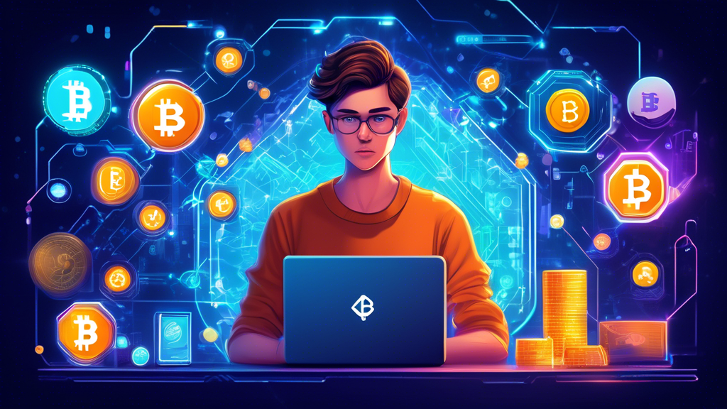 A digital illustration showcasing a young, tech-savvy individual deeply engrossed in selecting a cryptocurrency exchange platform. Surround the main character with holographic icons representing key factors to consider: security shields, varied currency symbols (Bitcoin, Ethereum, etc.), fee percentage signs, and official regulation stamps. In the background, popular and reputable cryptocurrency exchange logos like Binance, Coinbase, and Kraken appear subtly. The overall theme should exude a high-tech, secure, and user-friendly atmosphere, emphasizing the importance of careful selection.