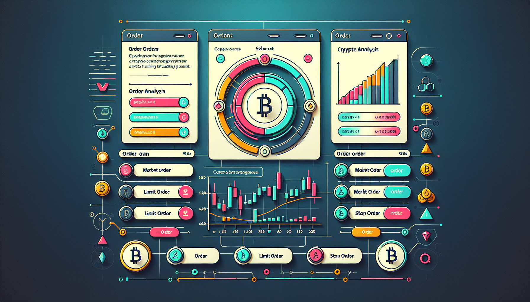 **Prompt for DALL-E:**

Create an image of a user interface screen showing a cryptocurrency trading platform, specifically Hotbit. Highlight the selection of cryptocurrency pairs, and display sections for market analysis and different types of orders, including market, limit, and stop orders. Include visual elements like charts, order forms, and a step-by-step guide overlay illustrating how to place and execute orders on Hotbit.