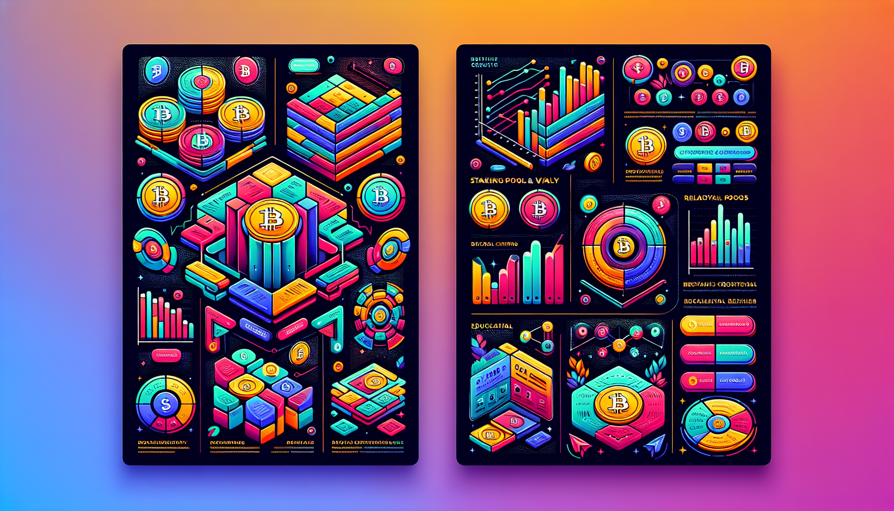 Create an image of a modern cryptocurrency trading platform screen, showcasing features like staking opportunities, referral programs, and available analytical tools. Include a user interface that highlights staking pools with various cryptocurrencies, a section promoting a referral program with rewards, and analytical charts and educational resources prominently displayed. The platform should have a sleek, user-friendly design with the Hotbit logo and branding elements.