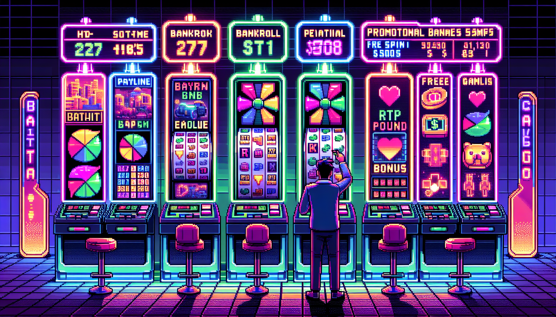 Create an image depicting a digital landscape featuring various online slot machines with vibrant reels. Highlight key elements such as bankroll management visuals (e.g., a budget chart), RTP percentages, payline illustrations, and promotional bonuses like free spins. The image should incorporate a player thoughtfully selecting a slot game, surrounded by icons and symbols representing these strategic considerations for maximizing winnings.