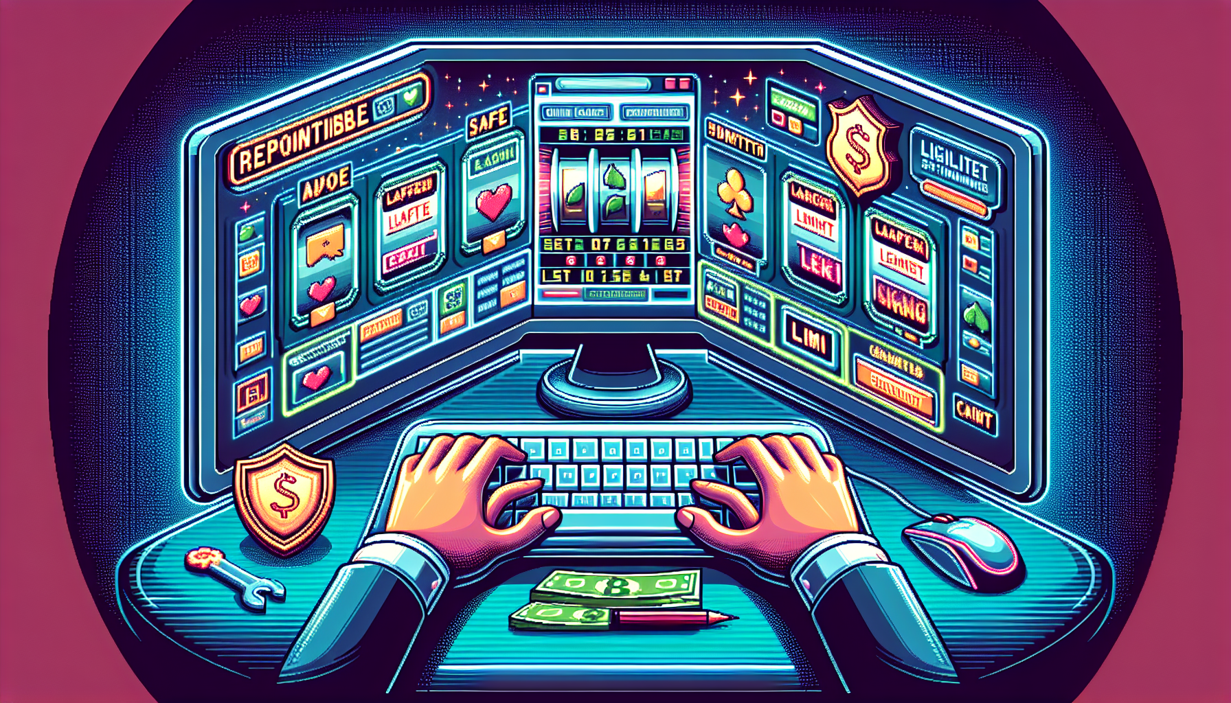 Prompt for DALL-E: Create an illustration of a user playing online slots on a computer, with emphasis on safety and responsibility. The background should feature a reputable online casino interface and include visual cues like a shield for security, a legal document for gambling laws, and tools such as limit-setting options on the screen. Incorporate elements that represent enjoyment, but highlight safe gambling practices.