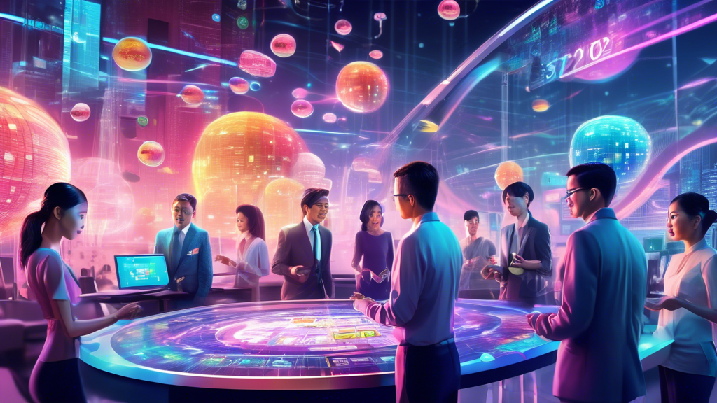 Create an image that depicts a futuristic scene in 2024, where data analysts are using advanced technology and AI algorithms to analyze lottery numbers from the Singapore Togel. The setting should include holographic data displays, diverse people collaborating, and a high-tech environment that emphasizes innovation and breakthrough methods to enhance chances of winning.