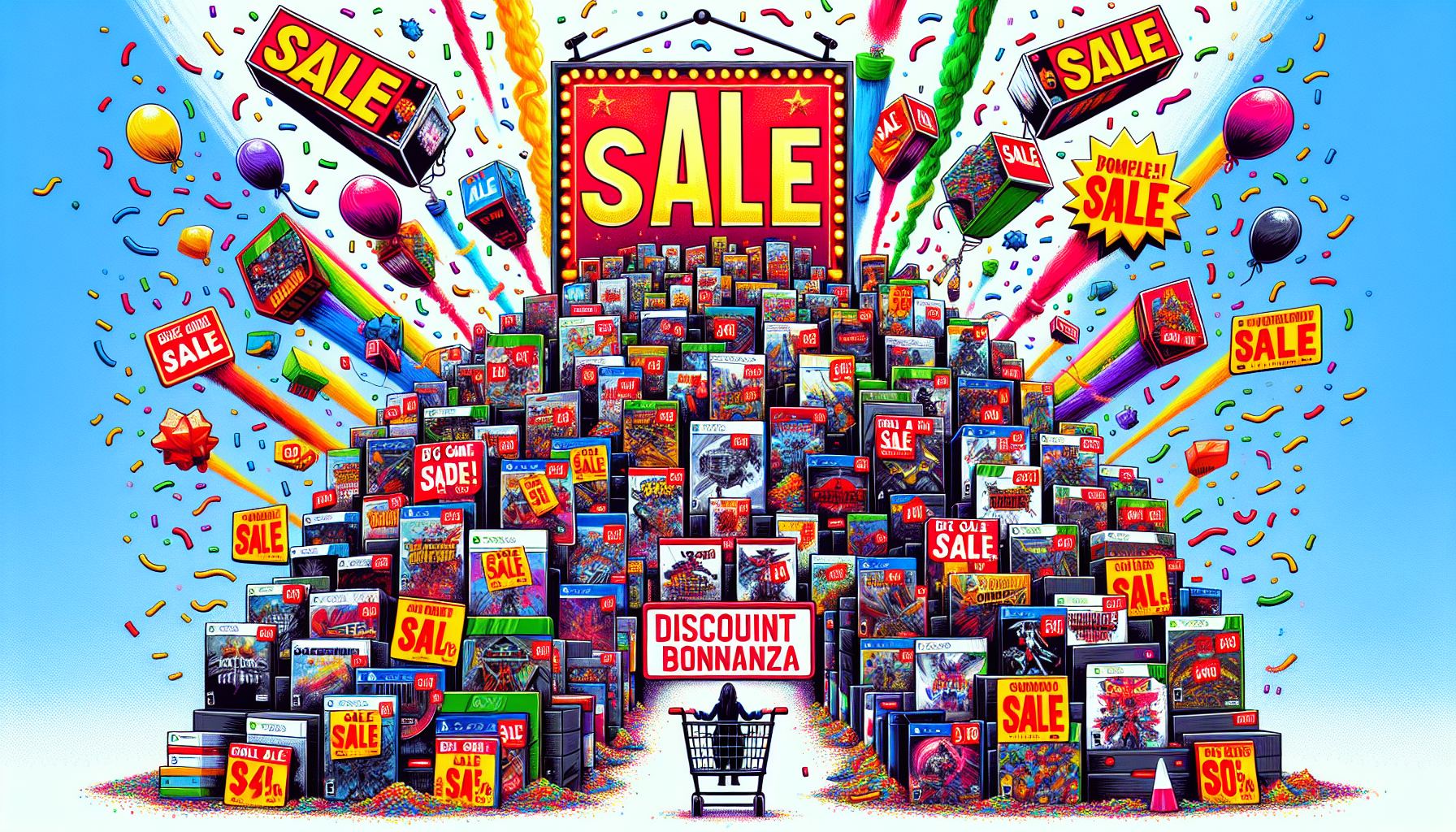 Create an image that captures the excitement of PS4 Black Friday deals on must-have games. Show a dynamic collage of popular PS4 game covers with sale tags and discounted prices popping out, set against a vibrant Black Friday shopping backdrop. Include elements like confetti, shopping carts, and a Discount Bonanza sign to emphasize unbeatable prices and the urgency of limited-time offers.