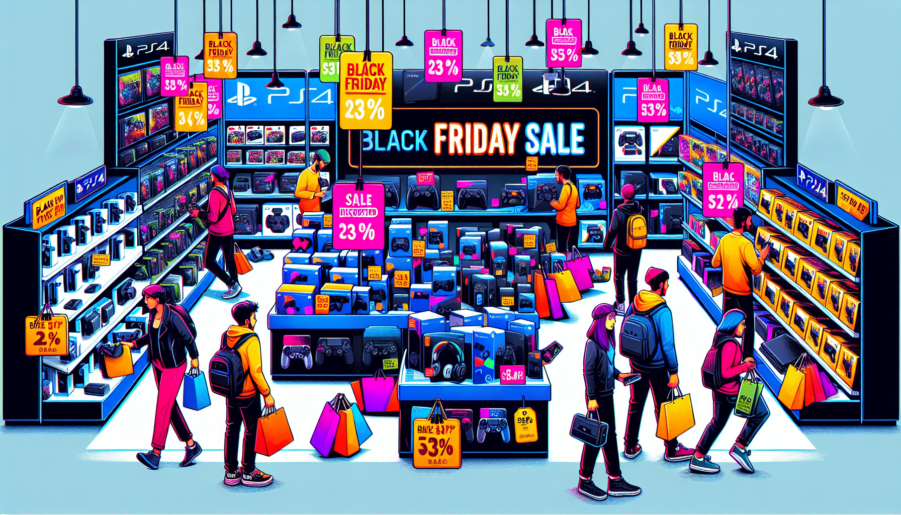 Create an image that captures the excitement of Black Friday sales for PS4 accessories. Show shelves stocked with discounted PS4 controllers, headsets, and other gaming gear, all tagged with vibrant Black Friday Sale signs. Make sure to include a bustling store atmosphere, with eager shoppers reaching for the best deals on these essential gaming accessories. Highlight a few price tags showing significant markdowns to emphasize the value and savings available during this shopping event.